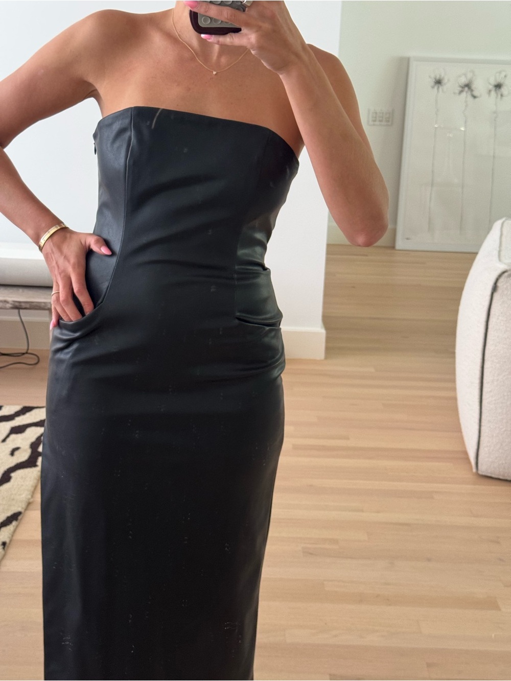 NBD Strapless Black Faux-Leather Midi Dress with High Side Slit - Picture 2 of 2